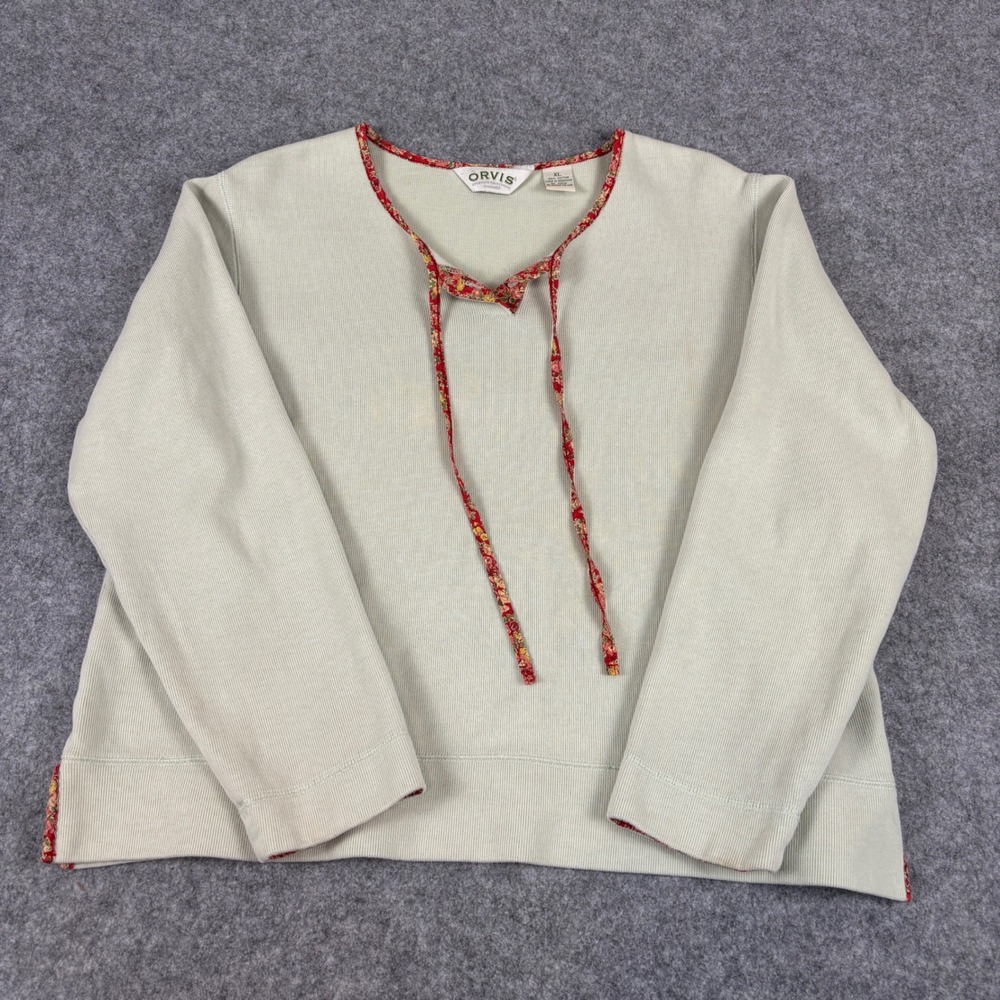 Orvis Ribbed Knit Top Women XL Beige Red Floral Trim Split Neck Tie Long Sleeve